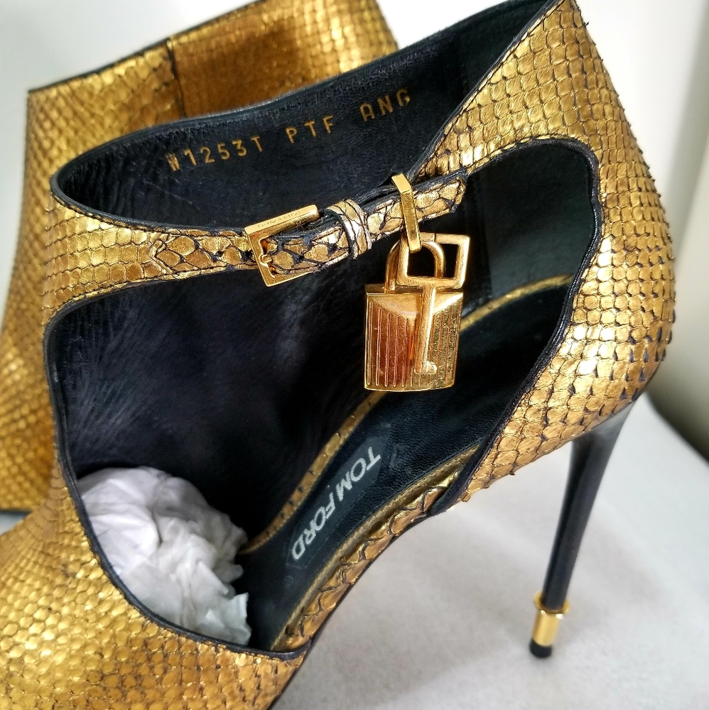 Tom Ford Python Metallic Gold Lock Sandals - image 3
